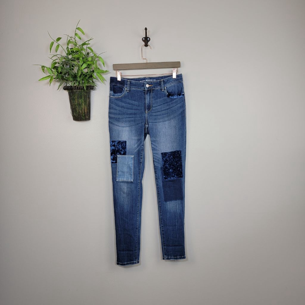 Chico's 00 2 Platinum Skinny Jeans Jeggings Velvet Patch Medium Blue Mid Rise